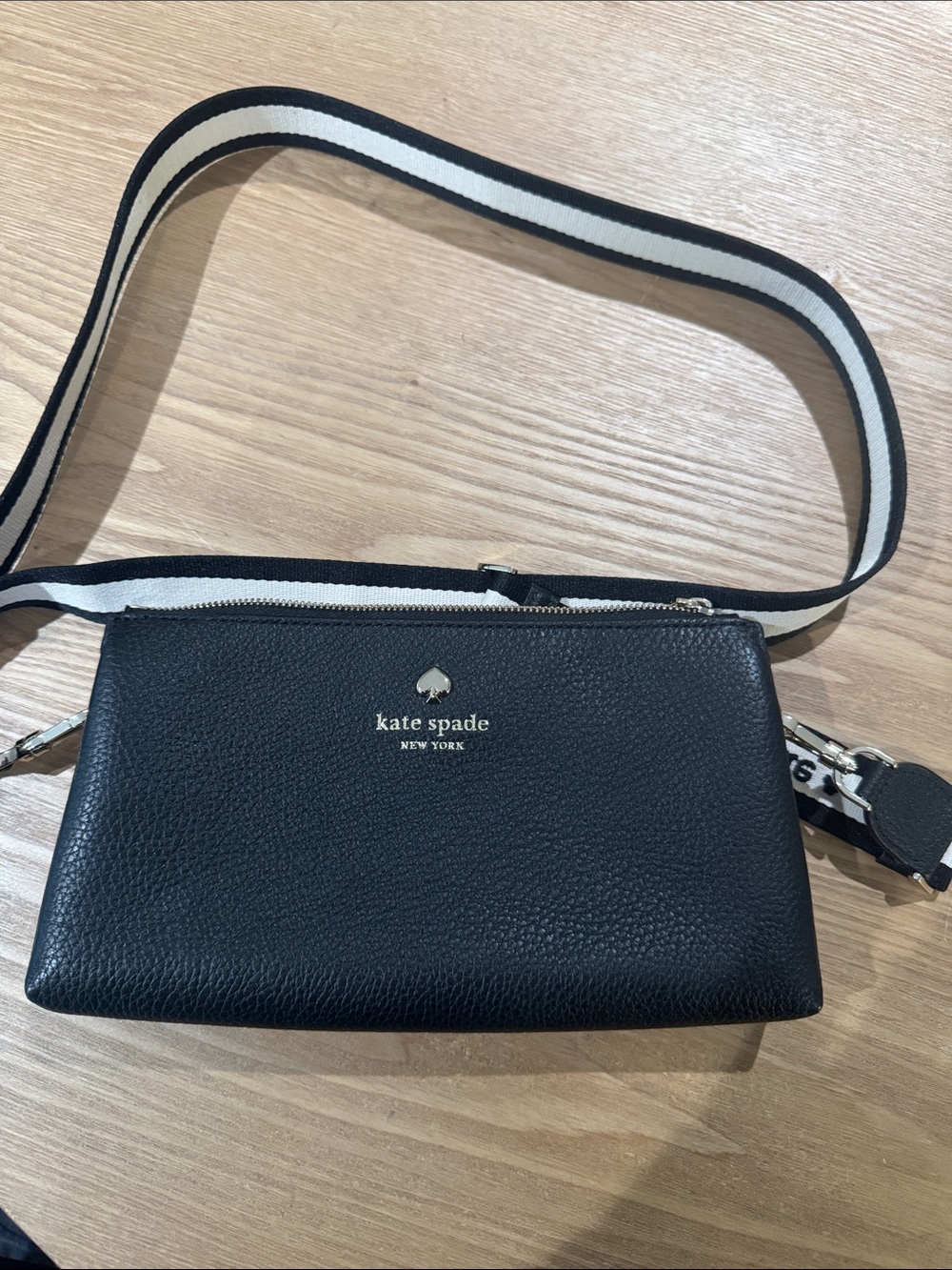 kate spade Black Leather Crossbody with Striped Strap